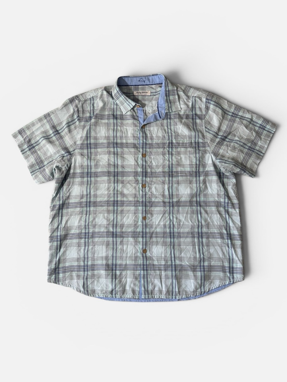 Tommy Bahama mens 2XL XXL light blue plaid coconut point button up shirt EUC